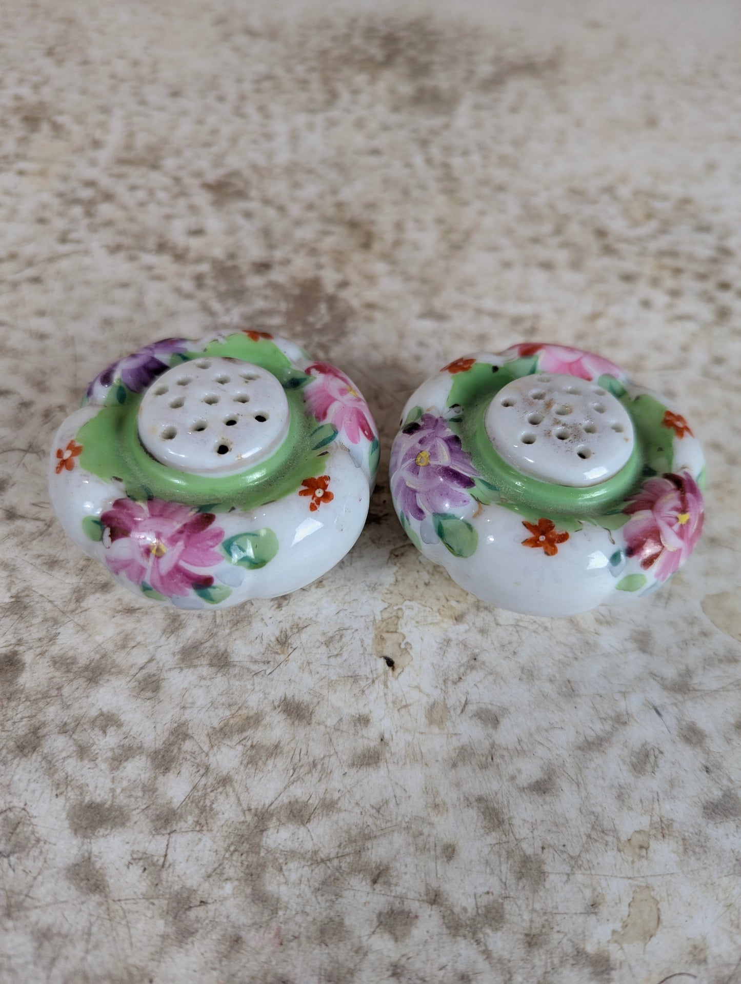 Set of Antique Flower-shaped Porcelain Salt and Pepper Shakers