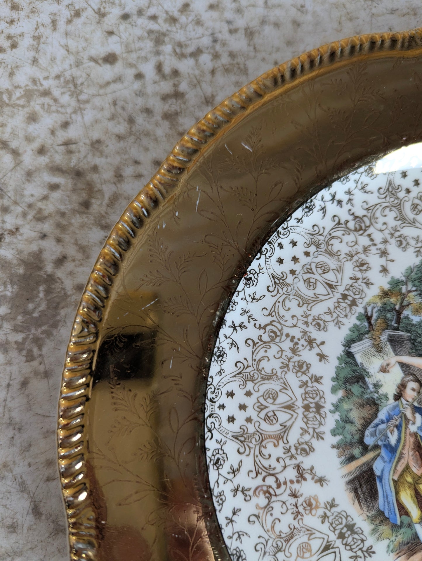 Vintage Warranted 22k gold Homer Laughlin Courting Couple Plate