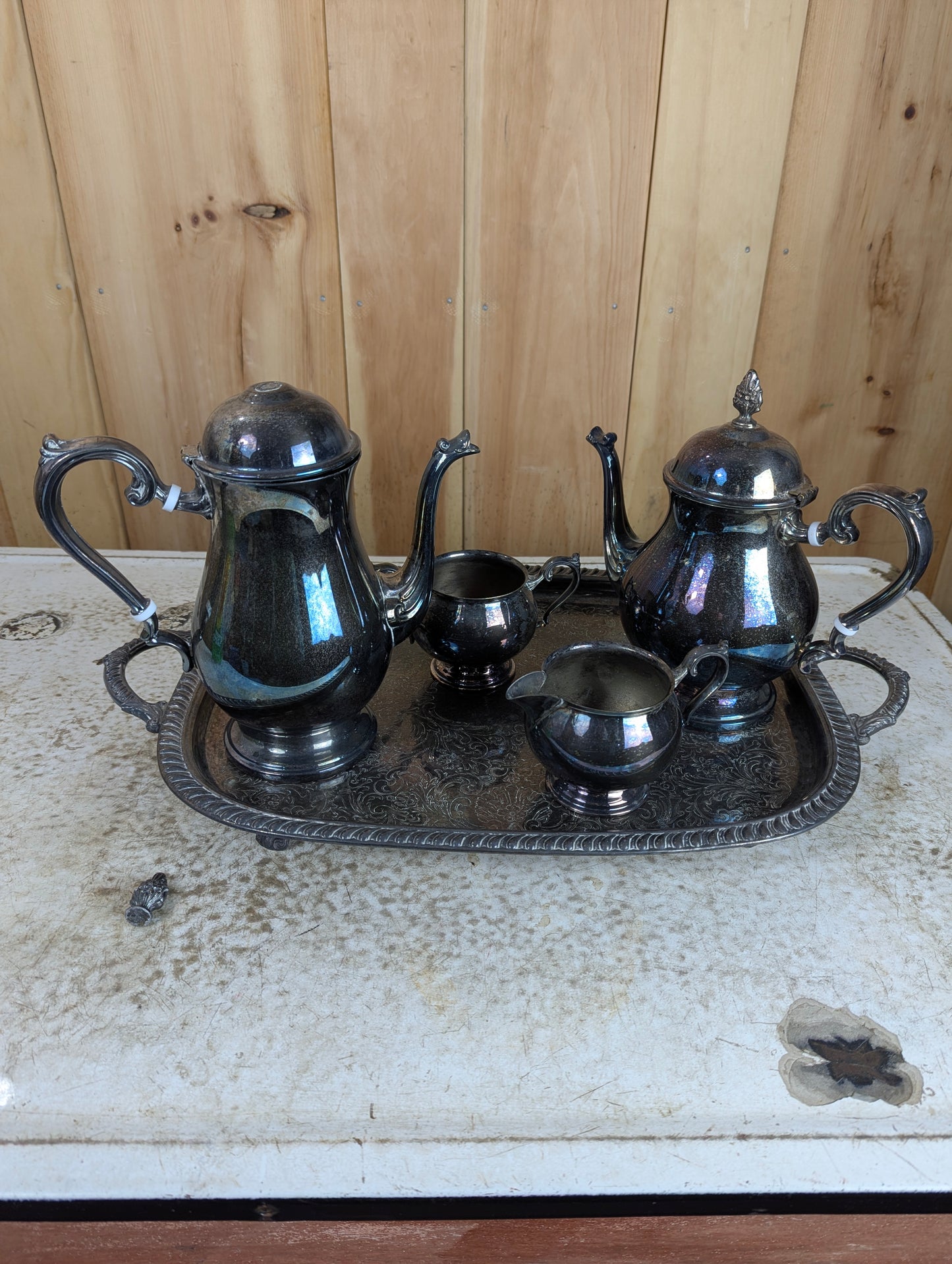 Vintage Leonard Silverplated Tea and Coffee Serving Set with Footed Tray