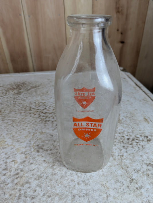 Vintage All Star Dairies Watertown N.Y. 1-Quart Dairy Milk Bottle