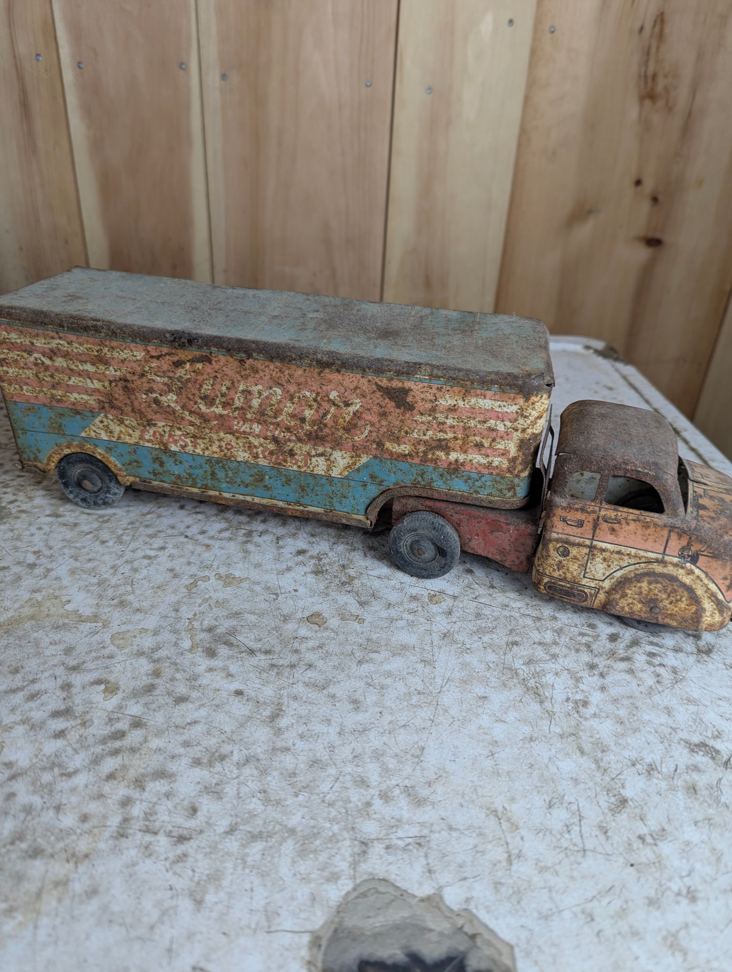 Vintage 1950s Pressed Steel Marx Lumar Van Lines Truck with Trailer Toy