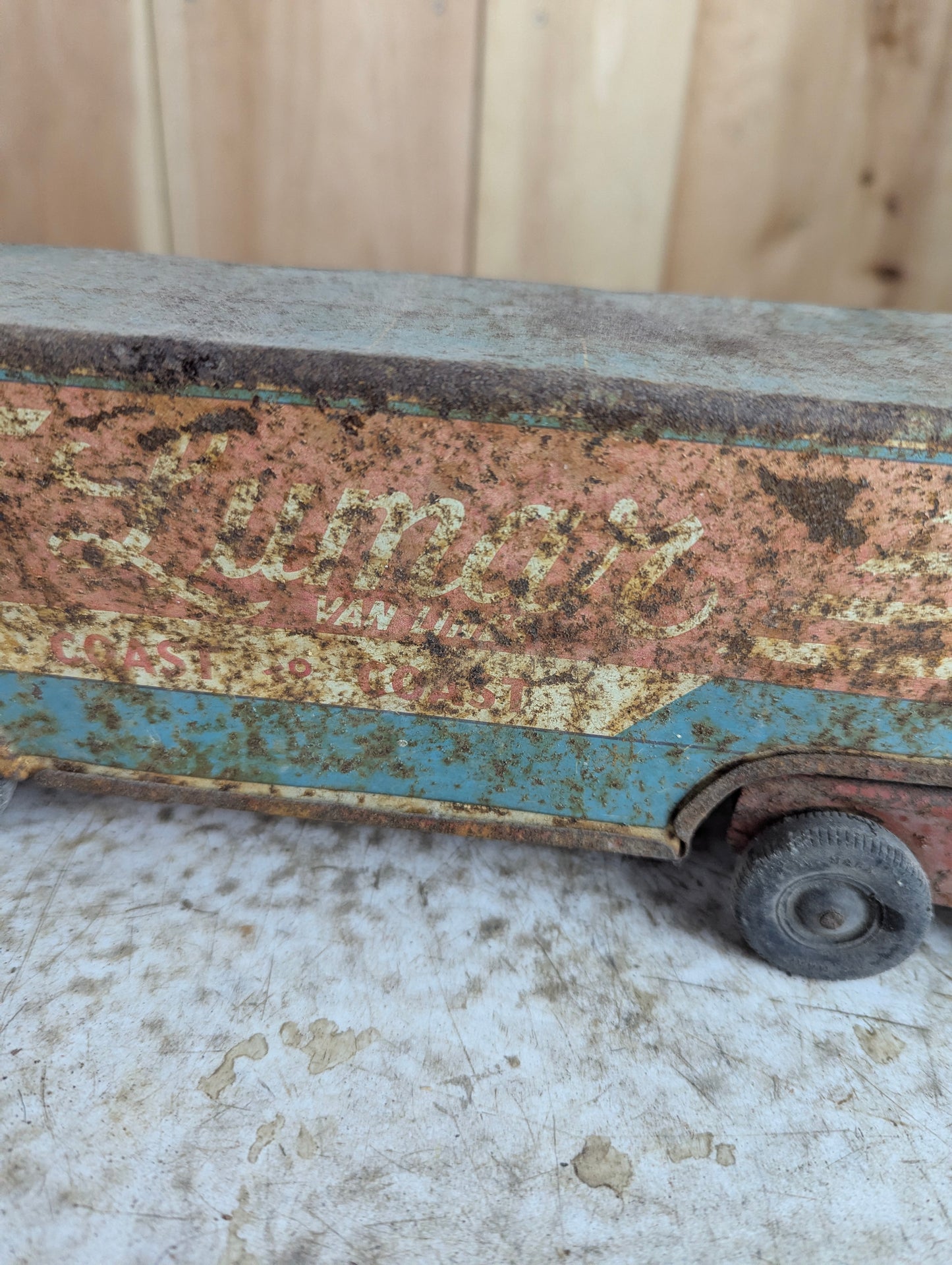 Vintage 1950s Pressed Steel Marx Lumar Van Lines Truck with Trailer Toy