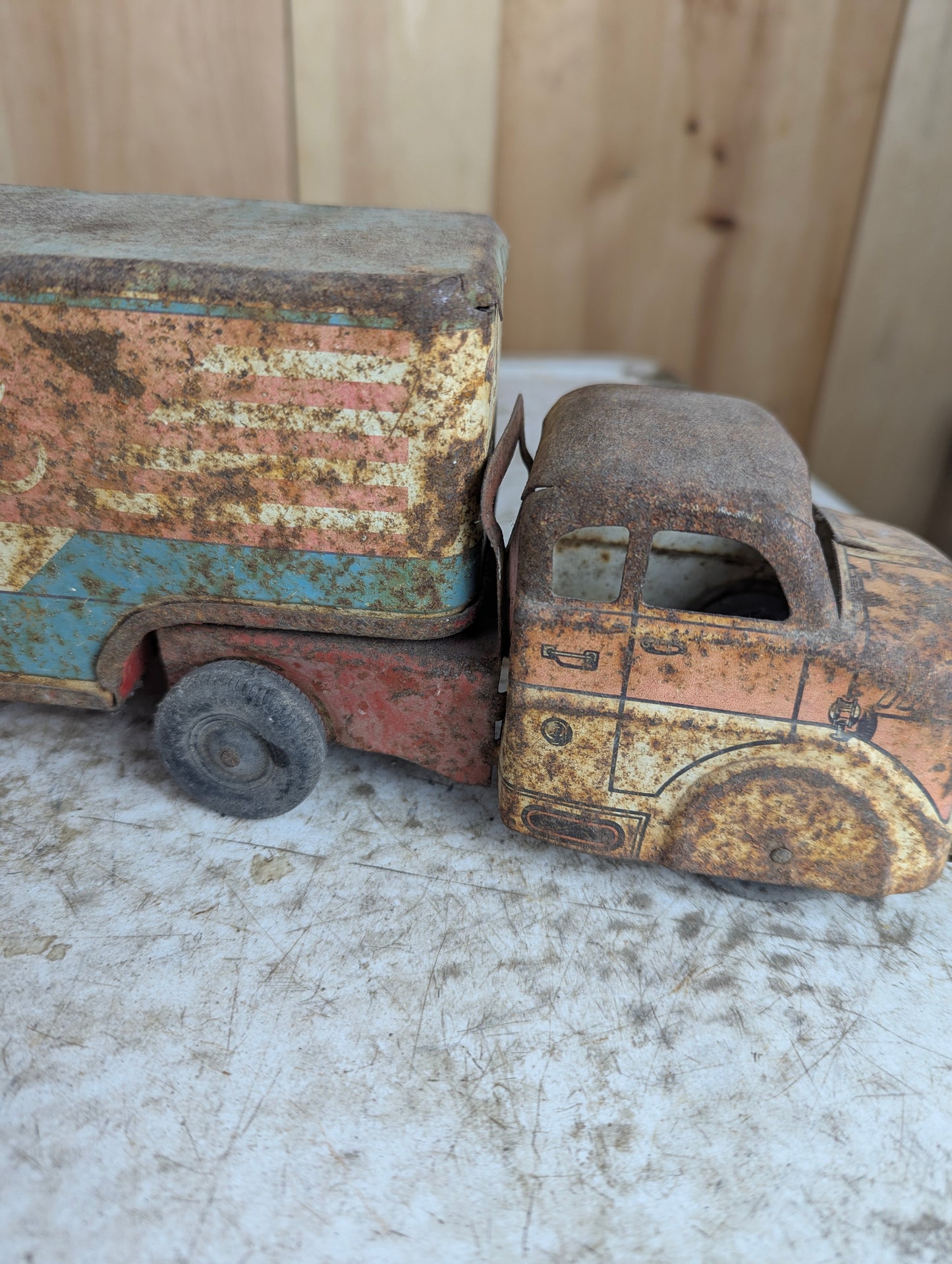 Vintage 1950s Pressed Steel Marx Lumar Van Lines Truck with Trailer Toy