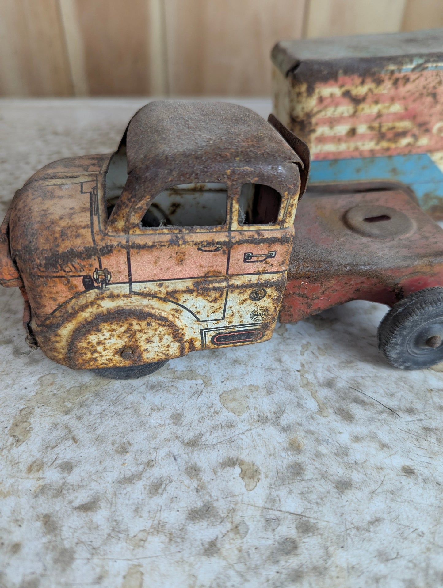 Vintage 1950s Pressed Steel Marx Lumar Van Lines Truck with Trailer Toy