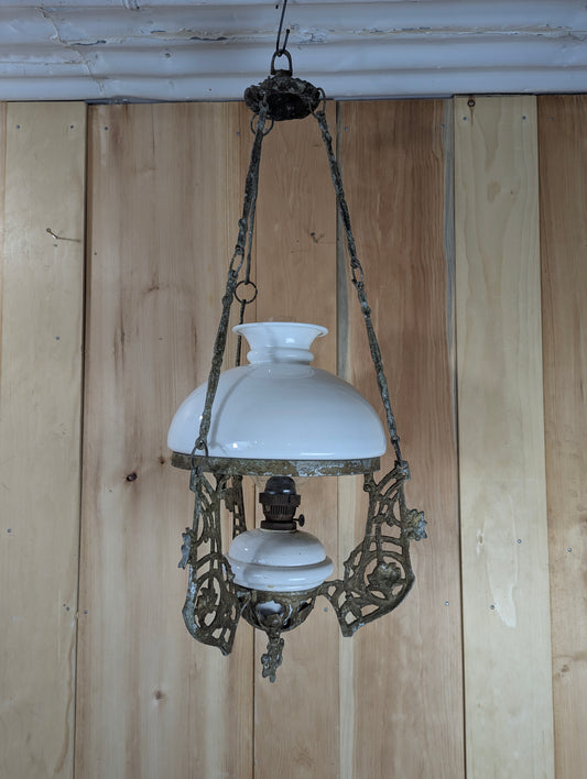 Antique Art Nouveau Cast Aluminum Milk Glass Hanging Oil Lamp