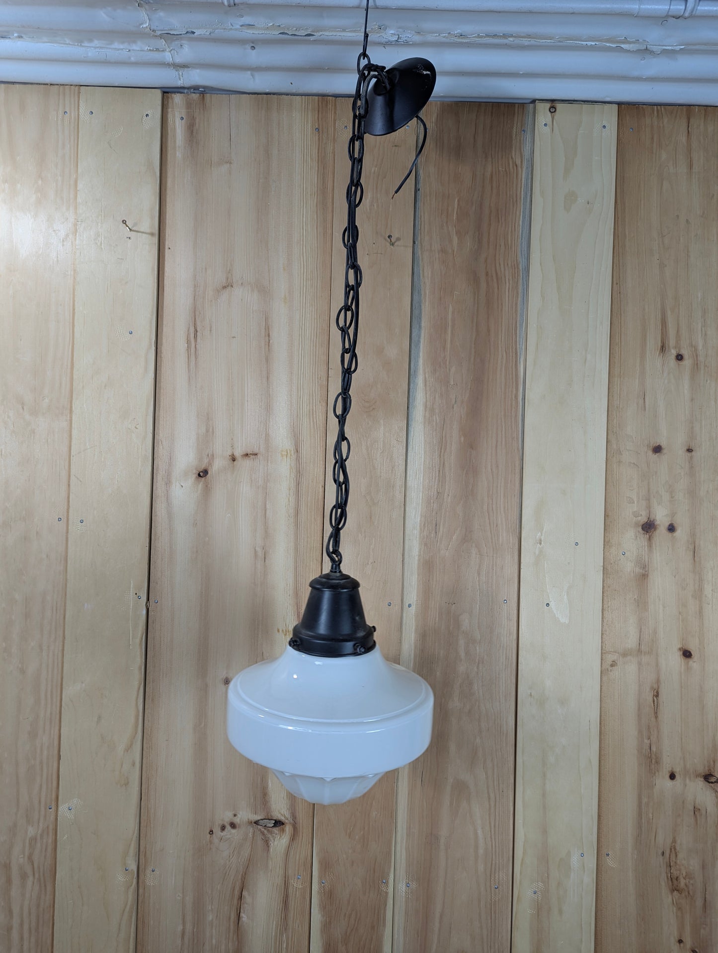 Vintage 1940s Schoolhouse Milk Glass Pendant Light