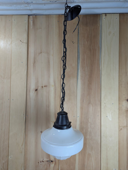 Vintage 1940s Schoolhouse Milk Glass Pendant Light