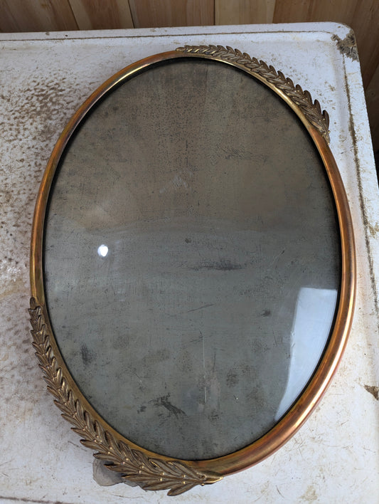 Antique  Copper and Brass Leaf Motif 14" x 20" Oval Bubble Glass Picture Frame