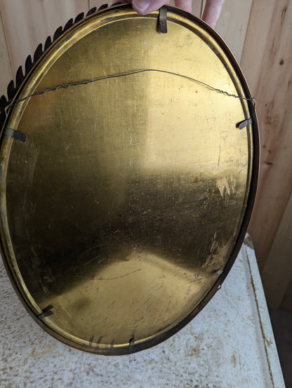 Antique  Copper and Brass Leaf Motif 14" x 20" Oval Bubble Glass Picture Frame