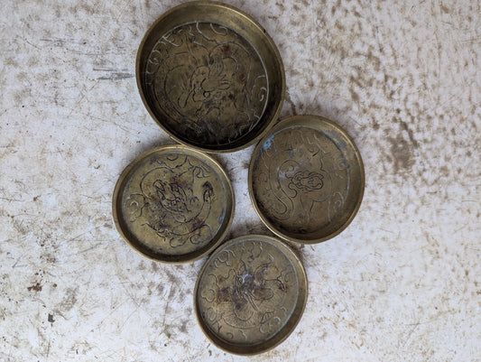 Set of 4 Vintage Chinese Etched Brass Dishes