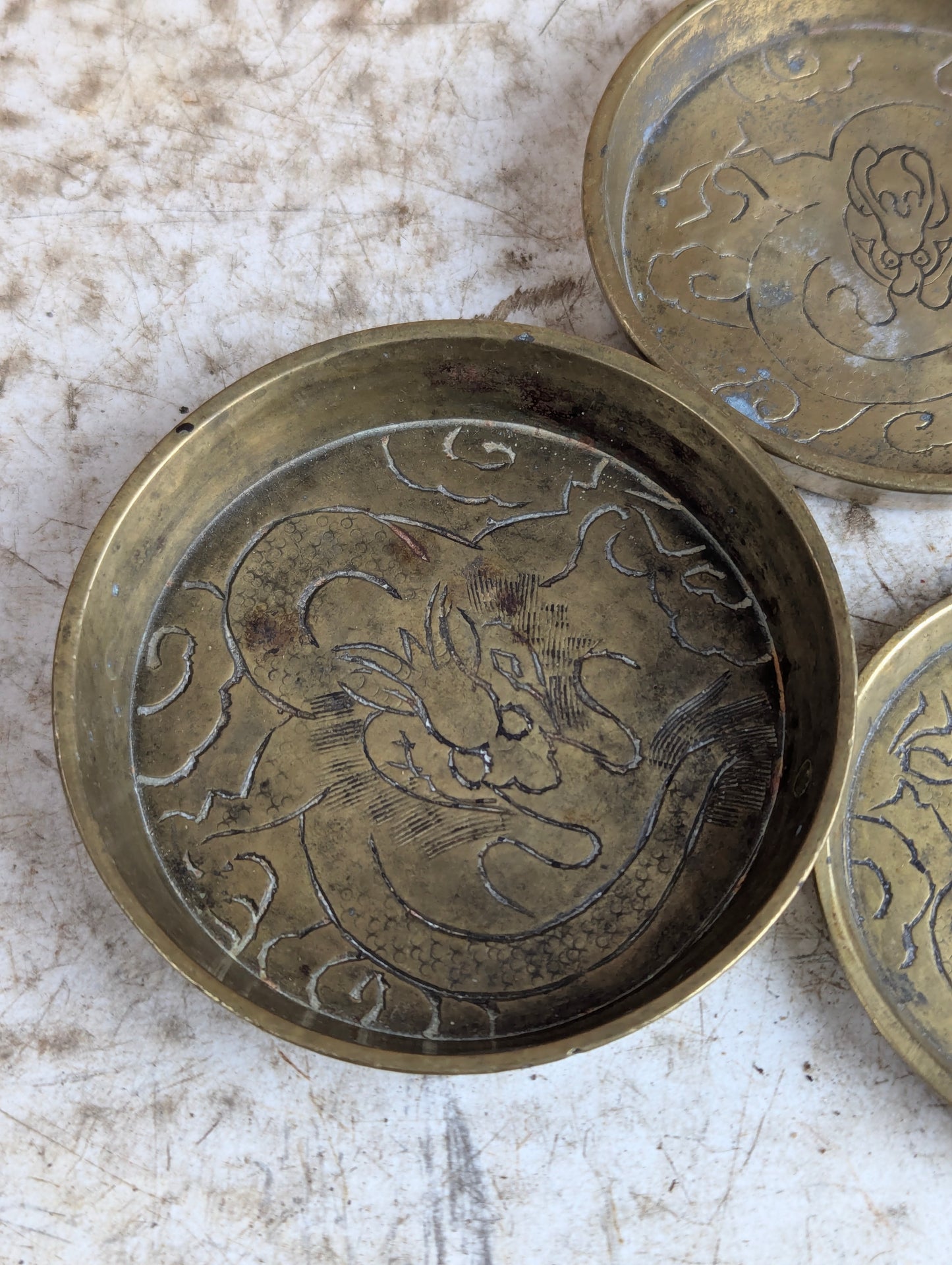 Set of 4 Vintage Chinese Etched Brass Dishes