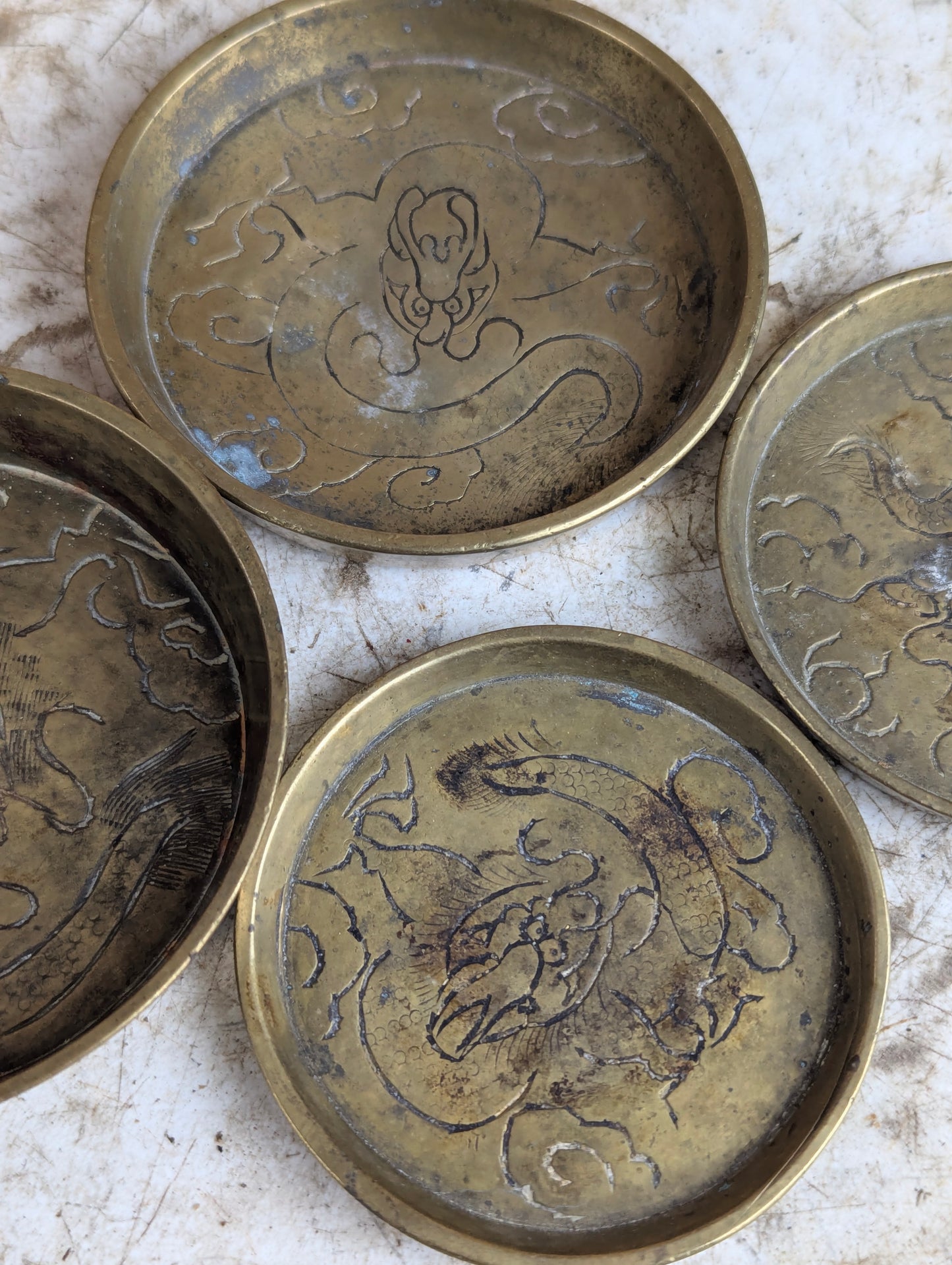 Set of 4 Vintage Chinese Etched Brass Dishes