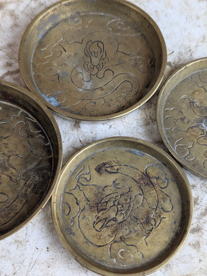 Set of 4 Vintage Chinese Etched Brass Dishes
