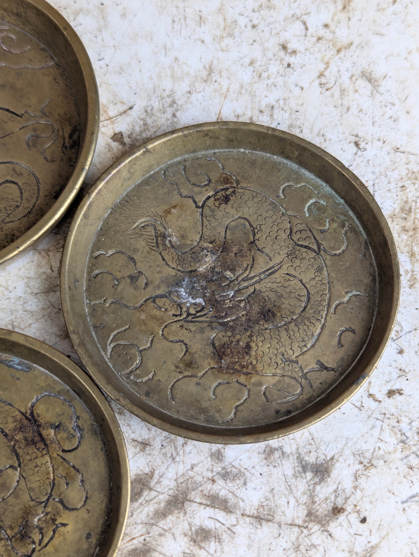 Set of 4 Vintage Chinese Etched Brass Dishes