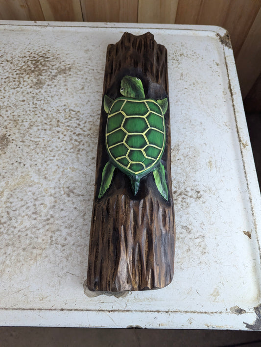Hand Carved and Painted Turtle on Tree Wall Decor