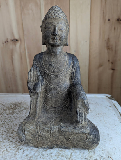 Vintage Hand Carved 13" Tall Stone Seated Amida Buddha Statue Abhaya Pose