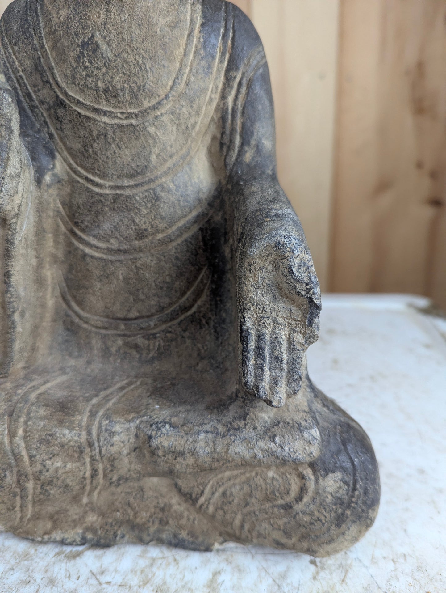 Vintage Hand Carved 13" Tall Stone Seated Amida Buddha Statue Abhaya Pose