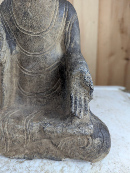 Vintage Hand Carved 13" Tall Stone Seated Amida Buddha Statue Abhaya Pose