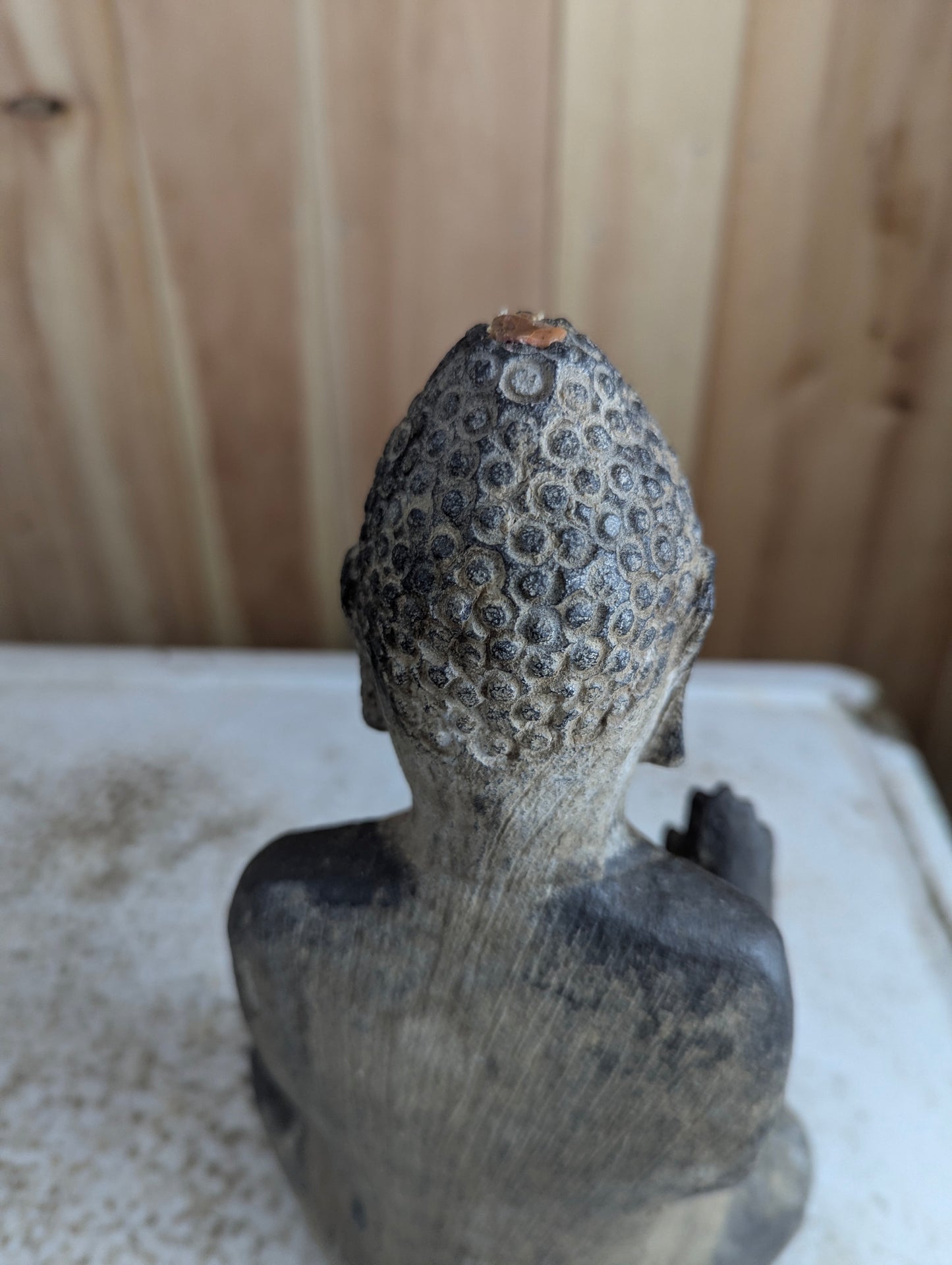 Vintage Hand Carved 13" Tall Stone Seated Amida Buddha Statue Abhaya Pose