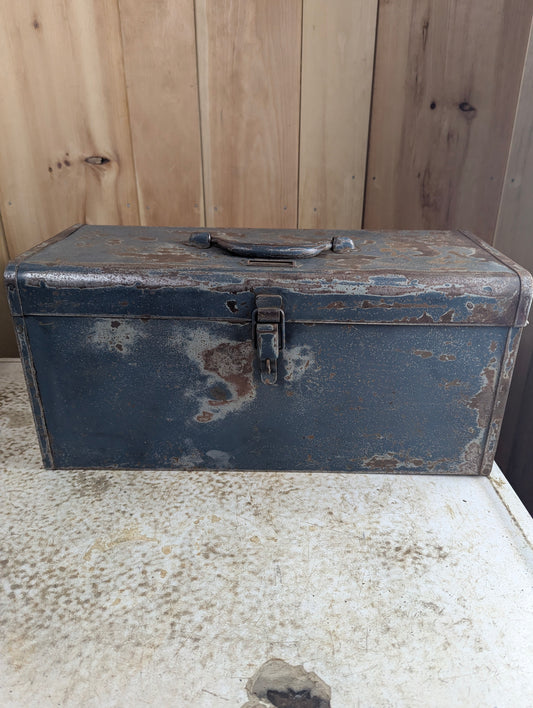 Vintage Blue Metal Toolbox with Caddy - Rusted