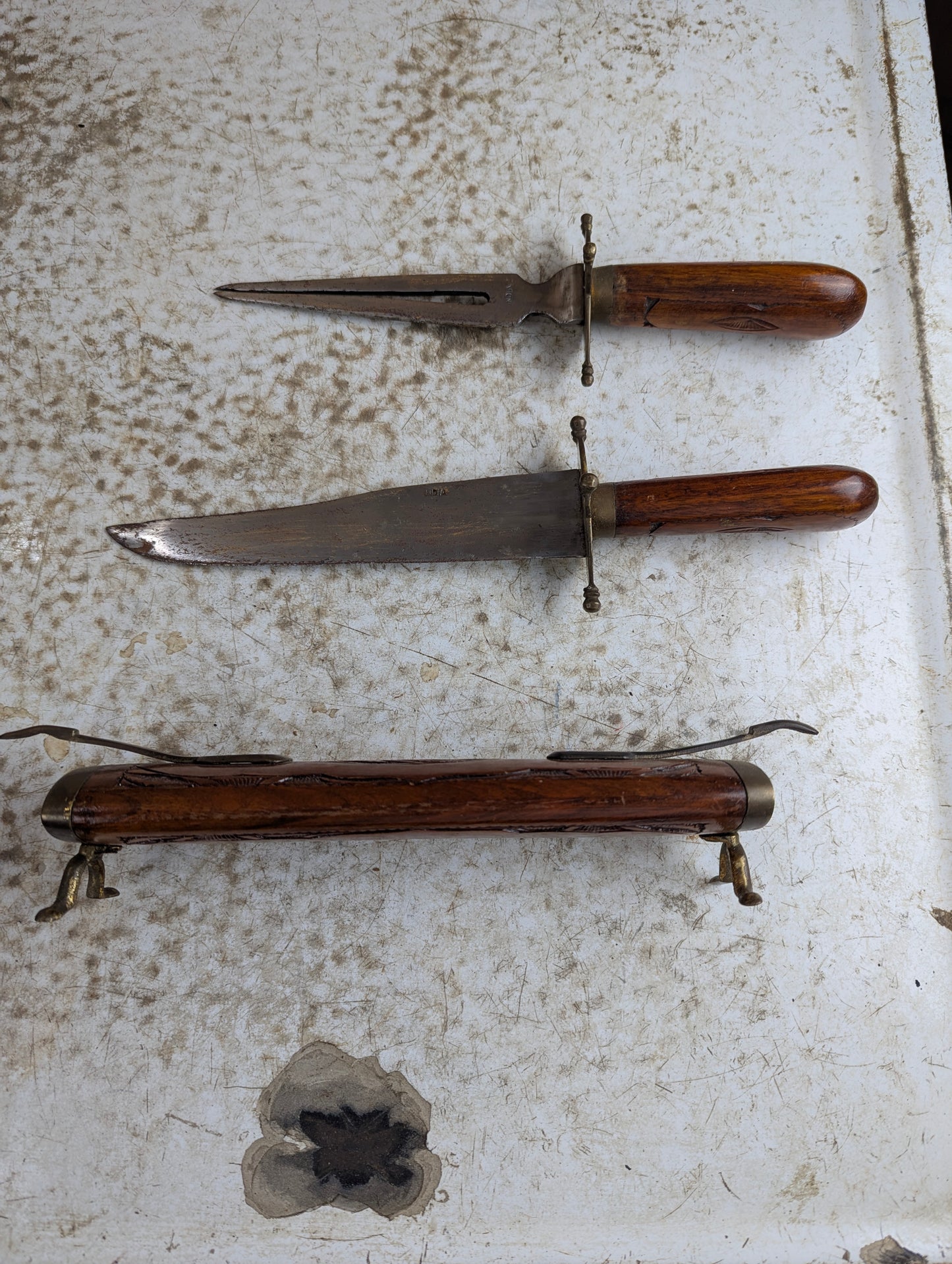 Vintage Hand Carved Indian Knife and Fork Carving Set in Wood Sheath
