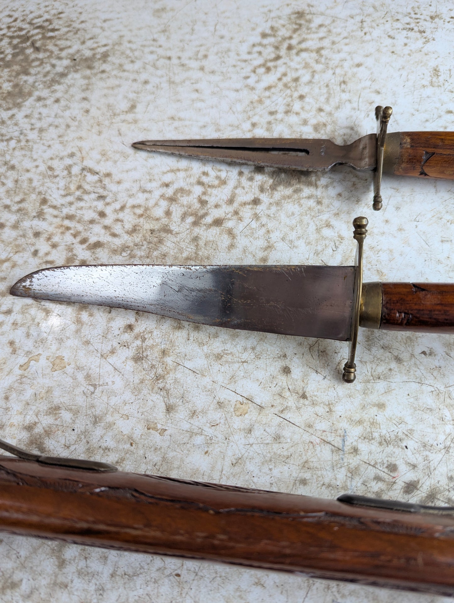 Vintage Hand Carved Indian Knife and Fork Carving Set in Wood Sheath