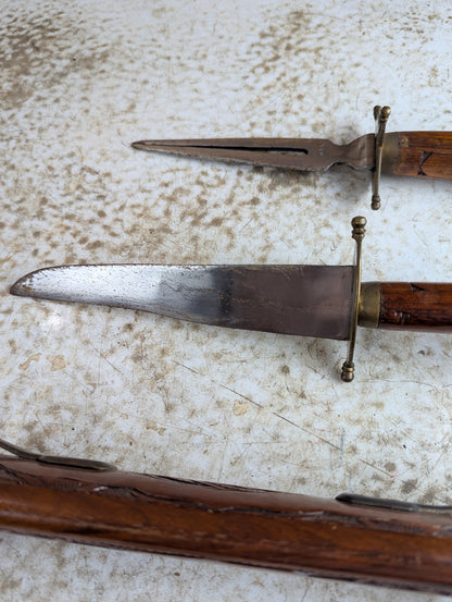 Vintage Hand Carved Indian Knife and Fork Carving Set in Wood Sheath
