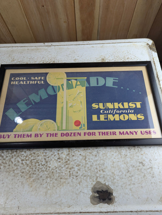 Framed 1930s Sunkist Lemon Trolley Sign Advertisement