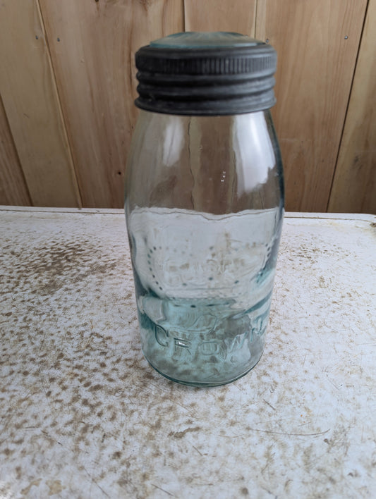 Antique Aqua Glass Crown Quart Mason Jar