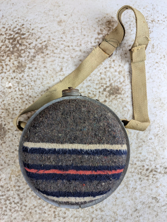 Vintage Wool Padded Galvanised Water Canteen with Carrying Strap