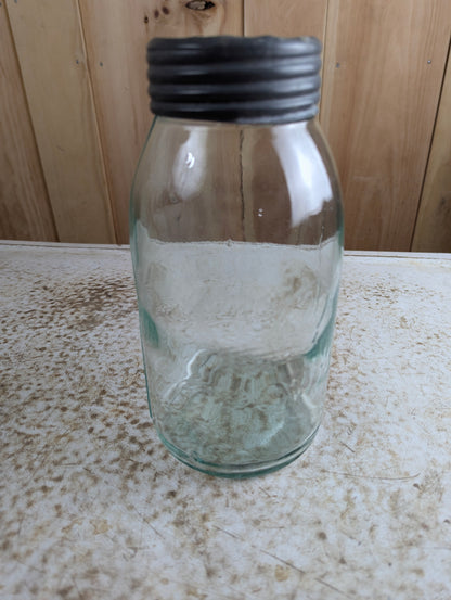 Antique Aqua Glass Crown Quart Mason Jar