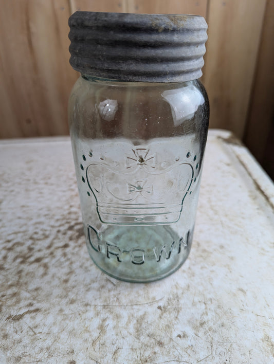 Antique Aqua Glass Crown Pint Mason Jar