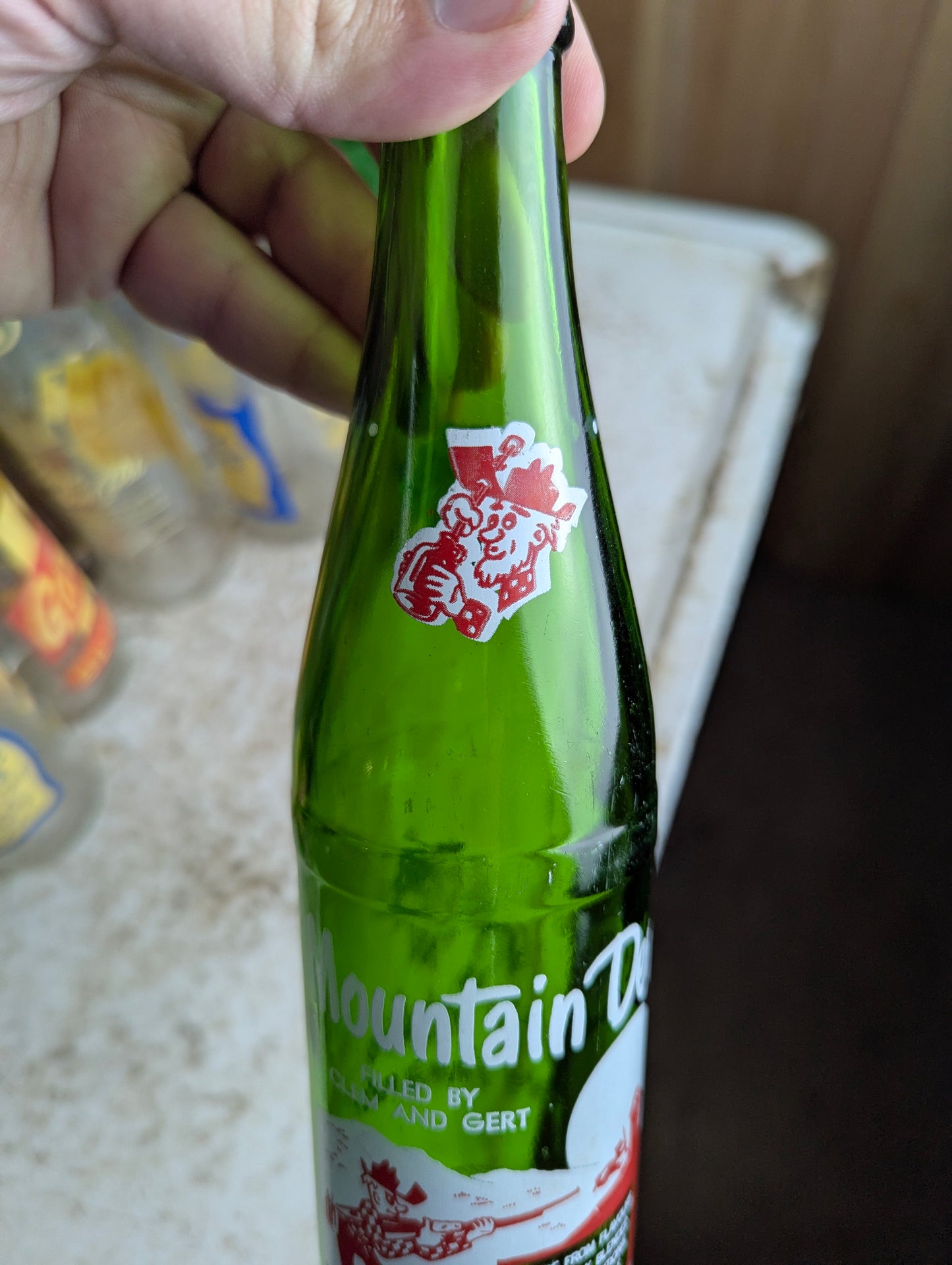 Vintage Mountain Dew 10oz Hillbilly 'Filled by Clem and Gert'  Green Glass ACL Soda Bottle