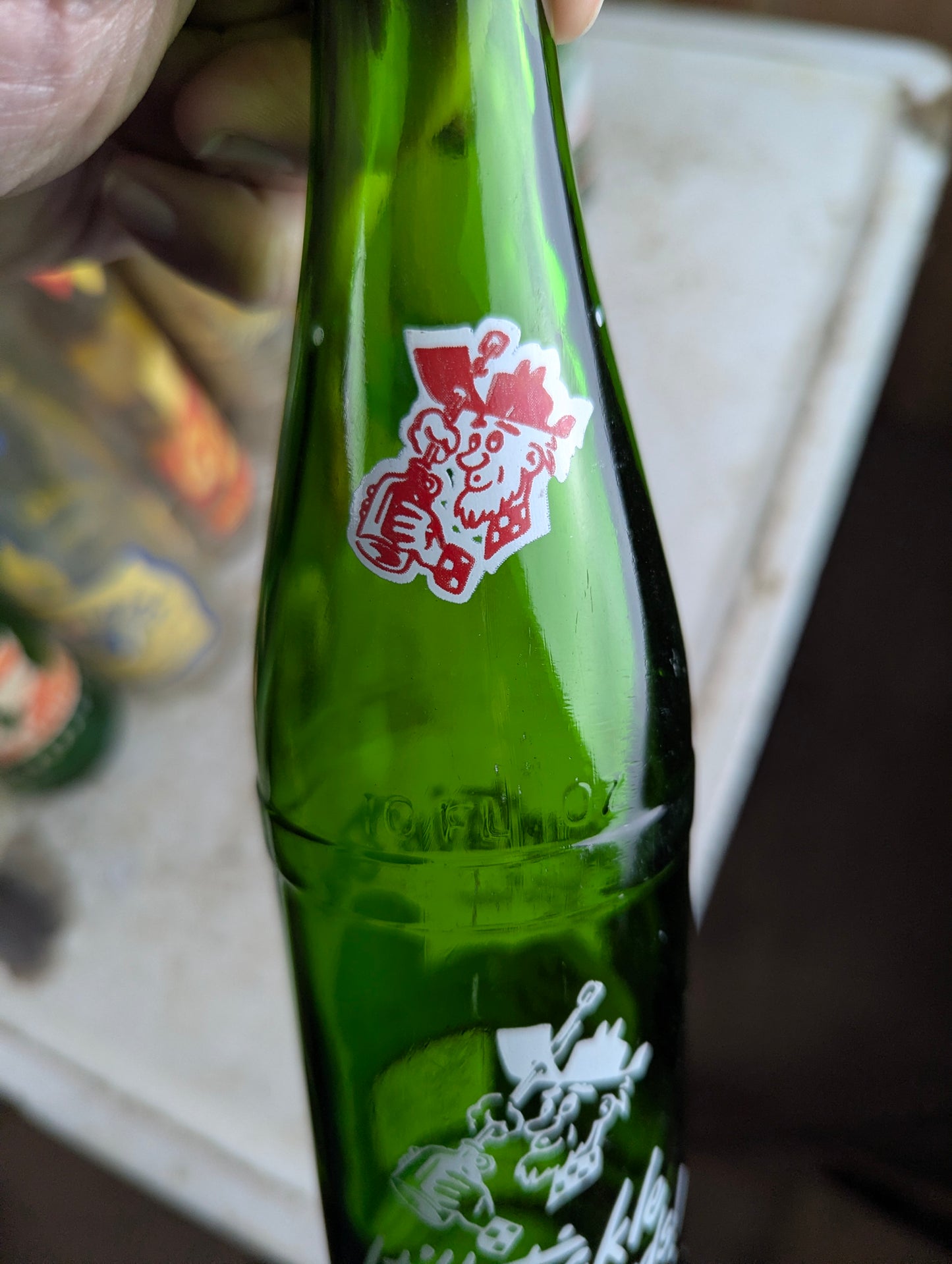 Vintage Mountain Dew 10oz Hillbilly 'Filled by Clem and Gert'  Green Glass ACL Soda Bottle