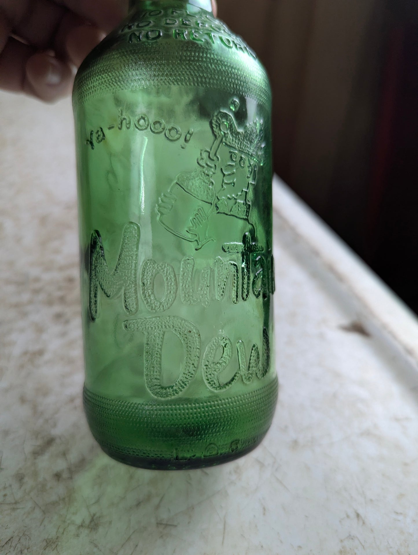 1960s Mountain Dew Hillbilly Stubby Green Embossed Glass Soda Bottle