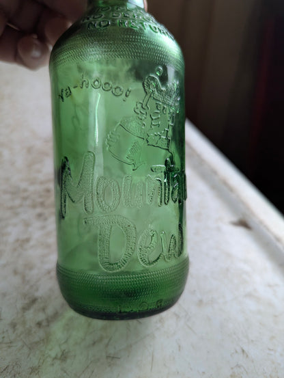 1960s Mountain Dew Hillbilly Stubby Green Embossed Glass Soda Bottle