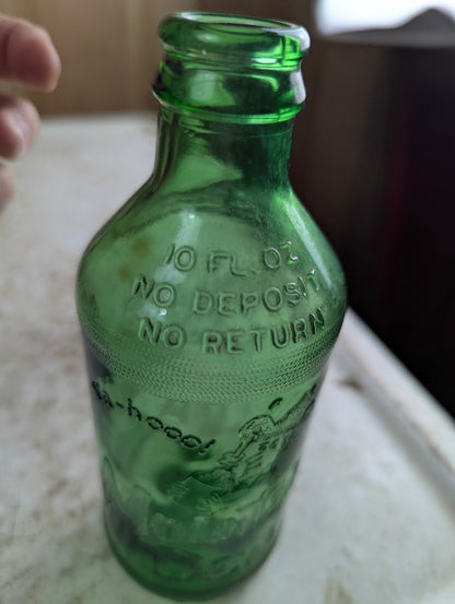 1960s Mountain Dew Hillbilly Stubby Green Embossed Glass Soda Bottle