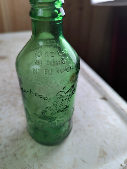 1960s Mountain Dew Hillbilly Stubby Green Embossed Glass Soda Bottle