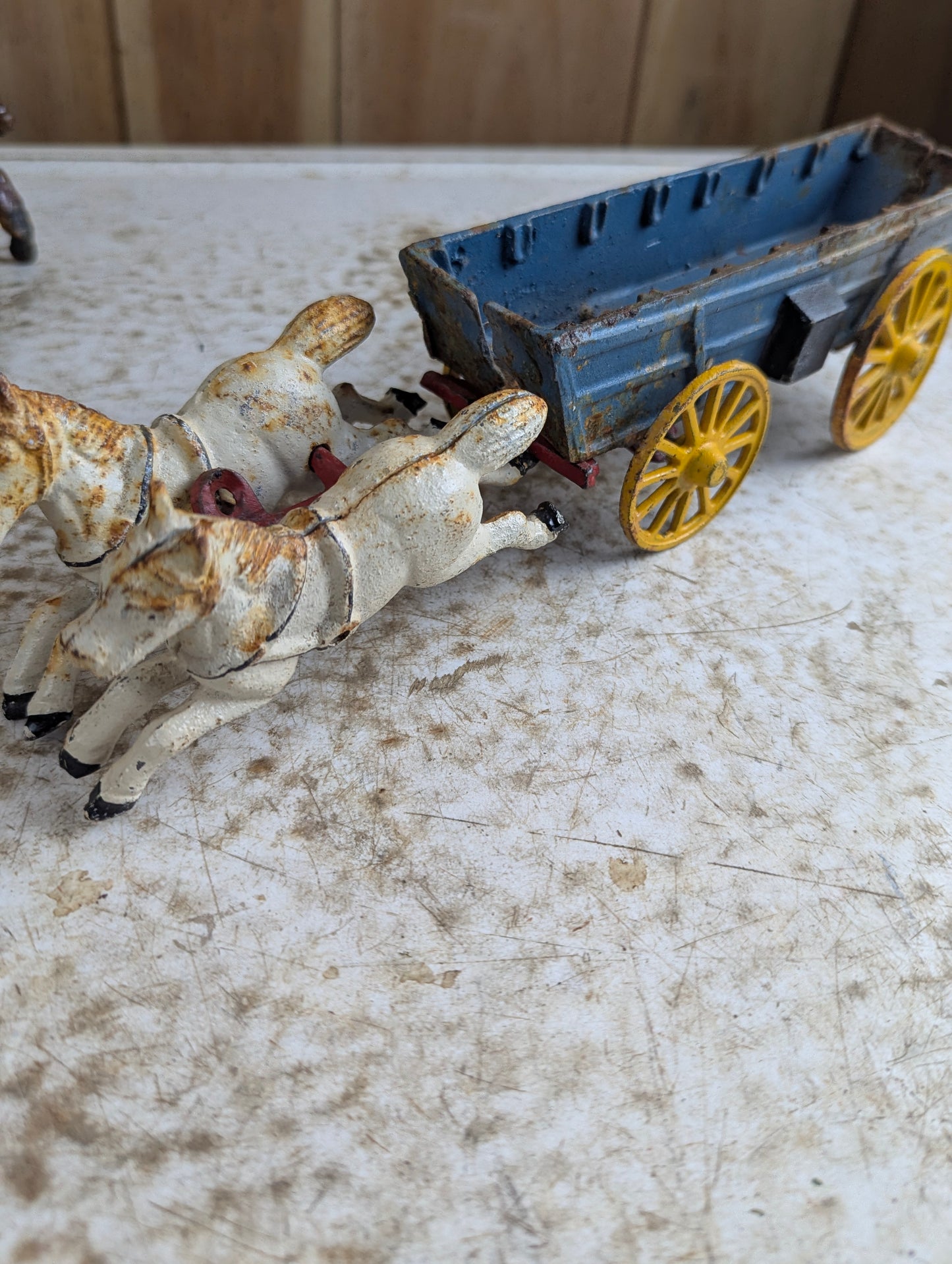 Vintage Cast Iron Horse Drawn Blue Wagon - Damaged