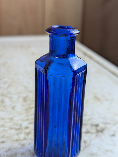 Vintage Cobalt Blue Glass Hexagonal Poison Bottle 1.5oz