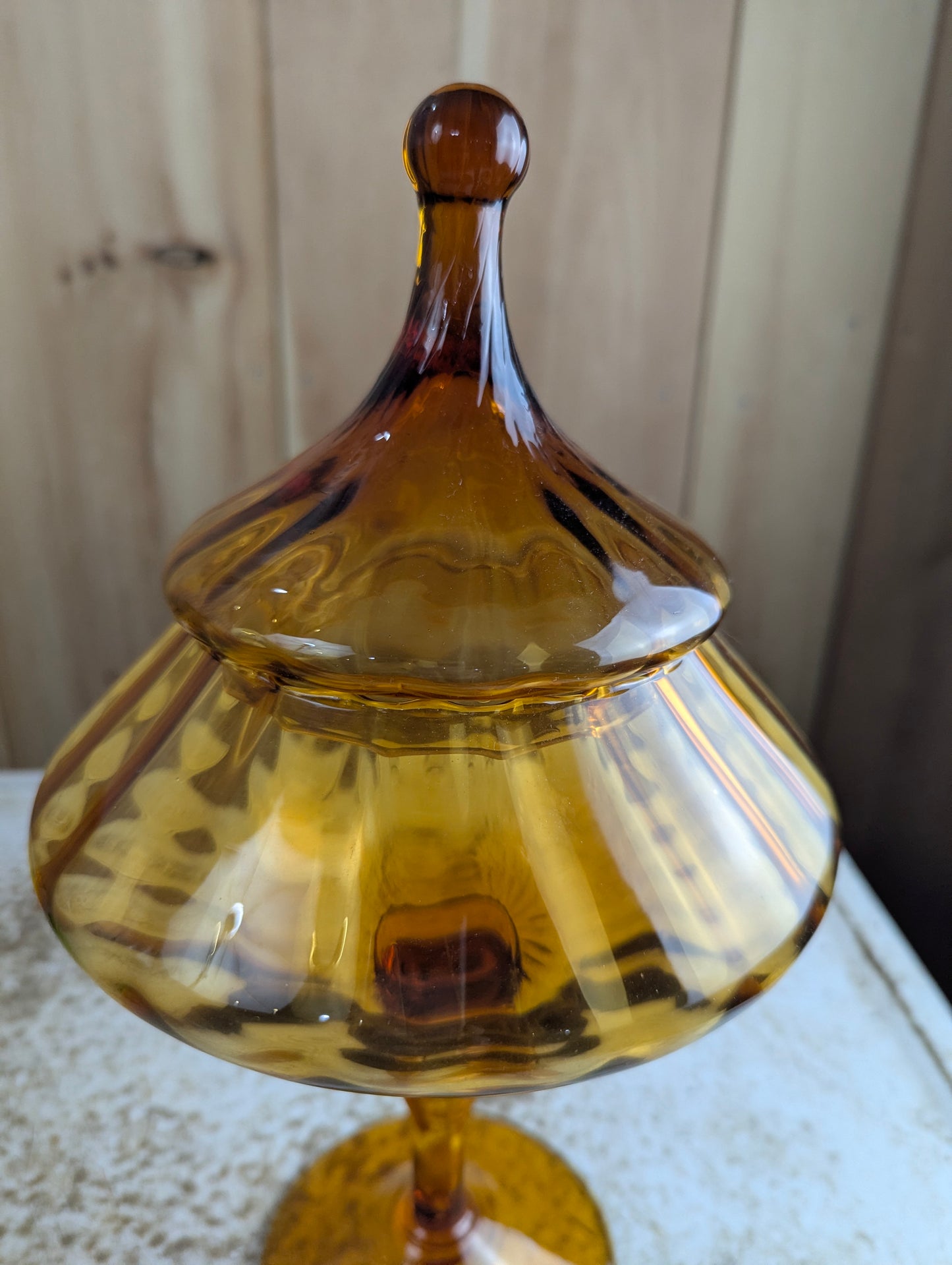 Vintage MCM Empoli MCM Amber Glass Pedestal Candy Dish with Lid