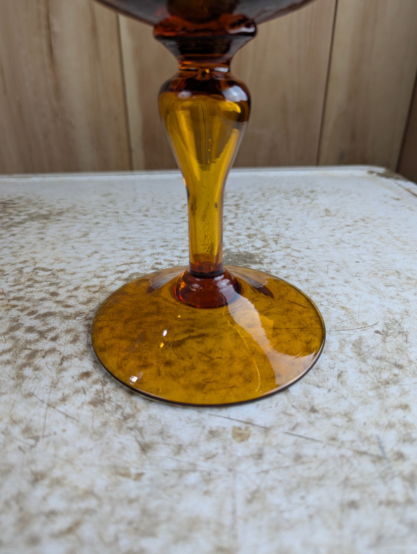 Vintage MCM Empoli MCM Amber Glass Pedestal Candy Dish with Lid