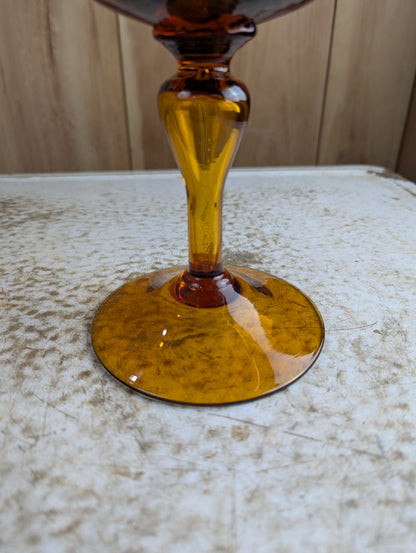 Vintage MCM Empoli MCM Amber Glass Pedestal Candy Dish with Lid