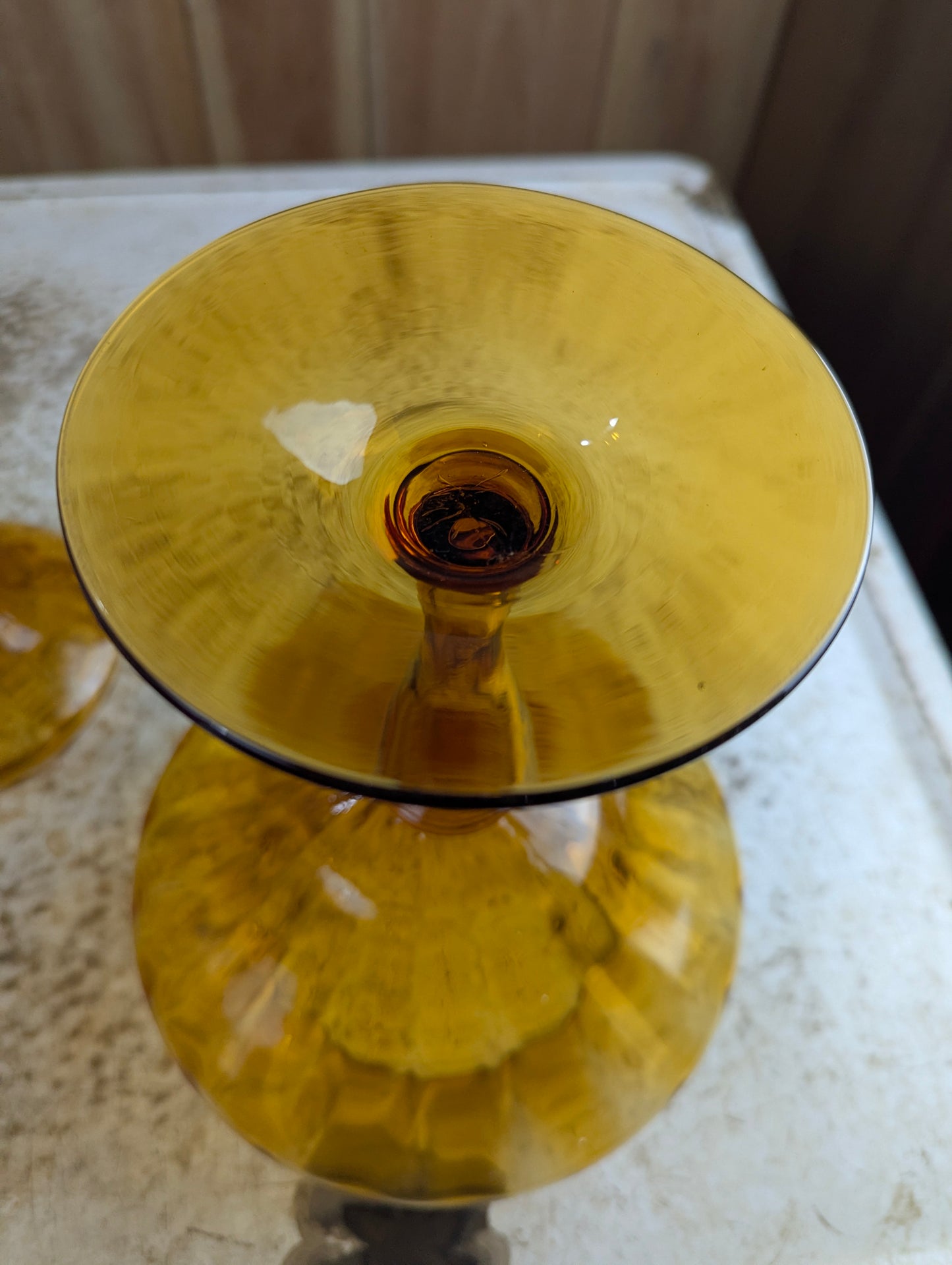 Vintage MCM Empoli MCM Amber Glass Pedestal Candy Dish with Lid