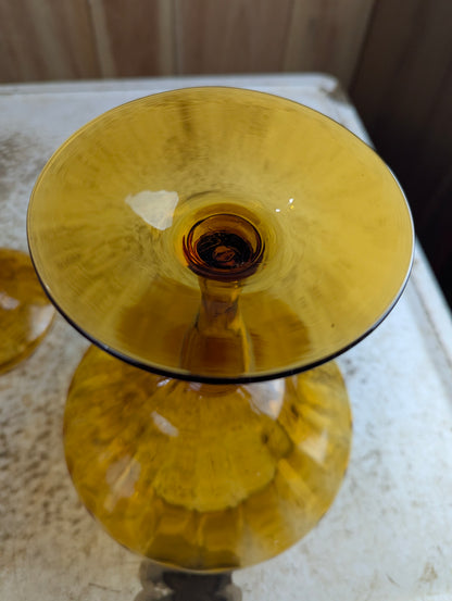 Vintage MCM Empoli MCM Amber Glass Pedestal Candy Dish with Lid