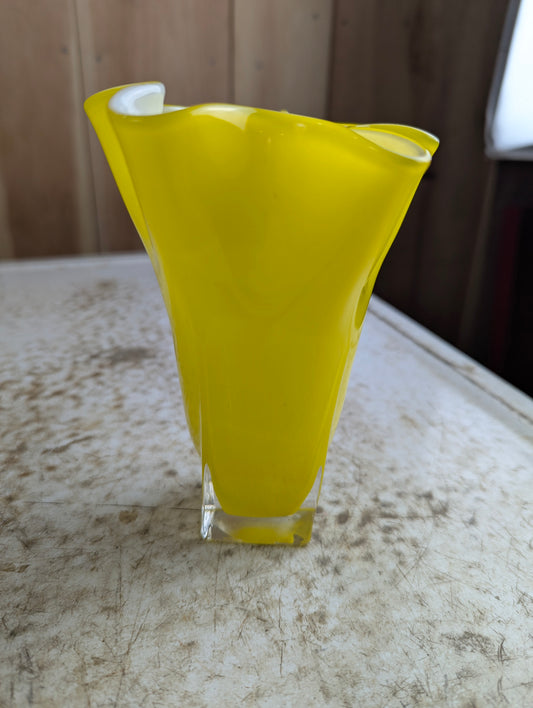 Vintage Yellow Art Glass Handkerchief Vase