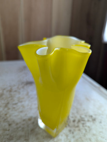 Vintage Yellow Art Glass Handkerchief Vase