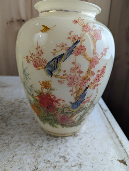 Vintage Almond Glass Vase with Birds and Cherry Blossoms