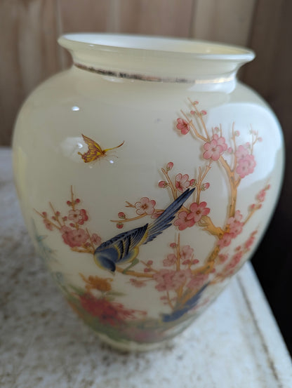 Vintage Almond Glass Vase with Birds and Cherry Blossoms