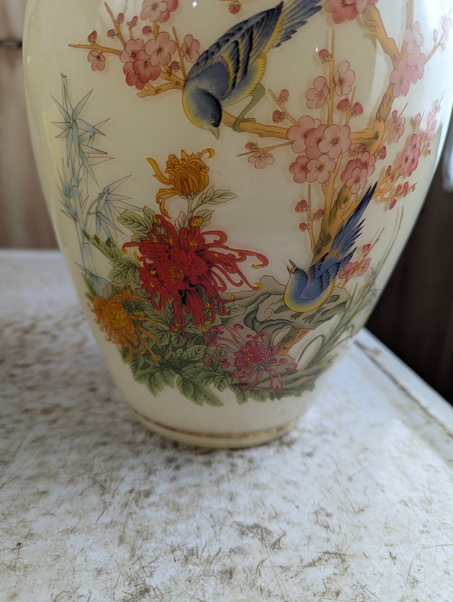 Vintage Almond Glass Vase with Birds and Cherry Blossoms